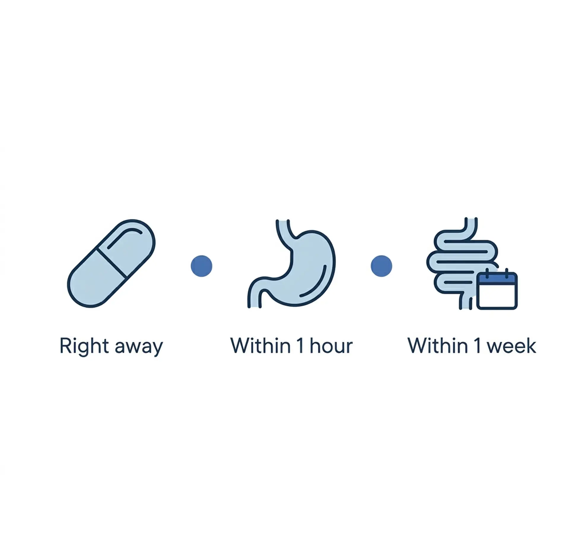 An infographic showing a timeline with a pill, stomach, and intestines indicating results over time.
