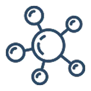 A blue line art icon of a molecule or network hub with one central node and five connected nodes.