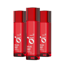 Three identical tall red bottles of a cosmetic product called The Facelift Exentia on a white background.