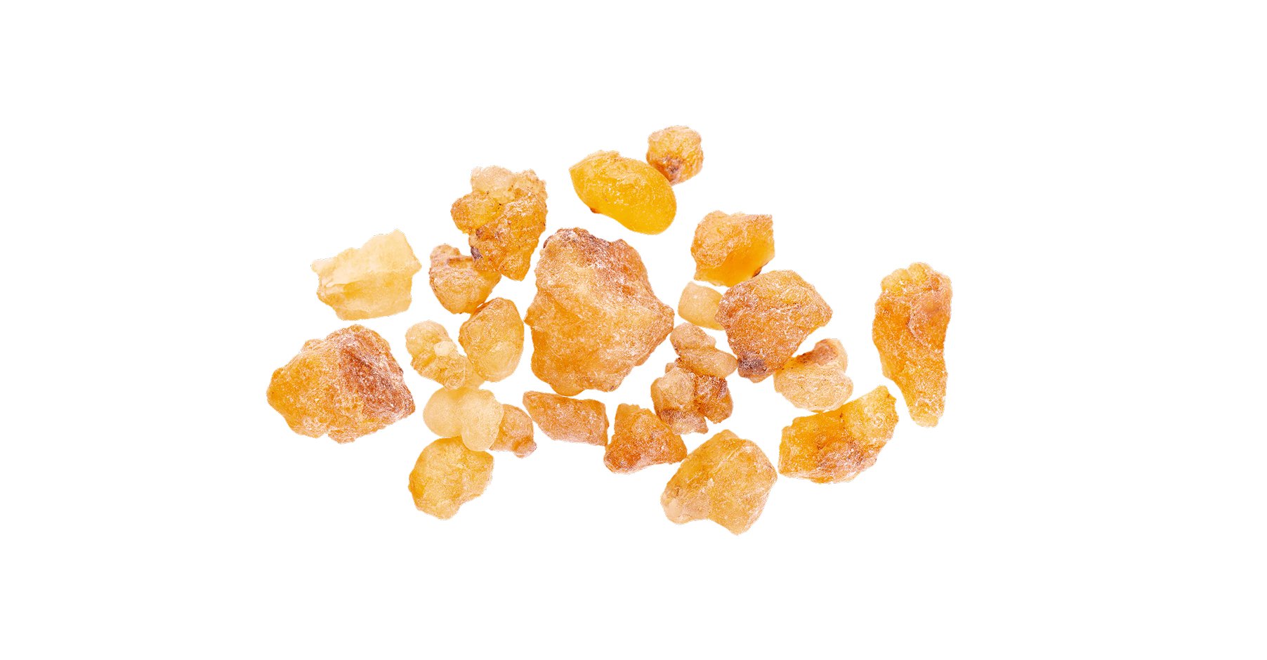 Clusters of amber-colored resin pieces on a white background.