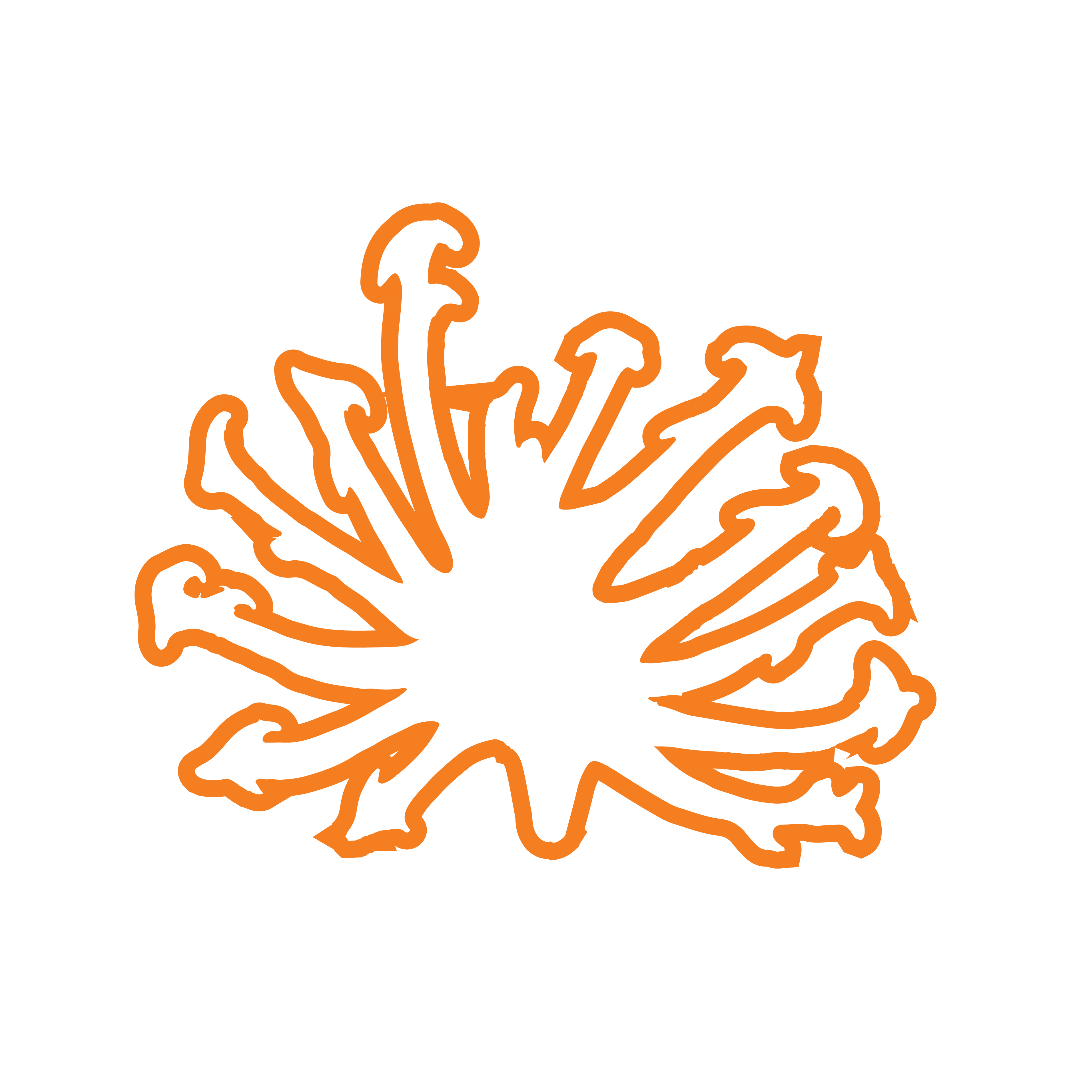 Abstract orange line art on a green background.