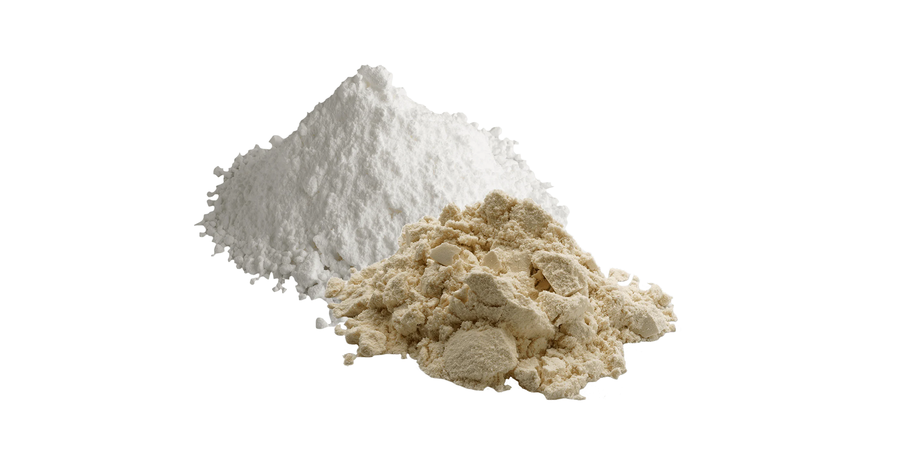 Two piles of white and beige powder on a white background.