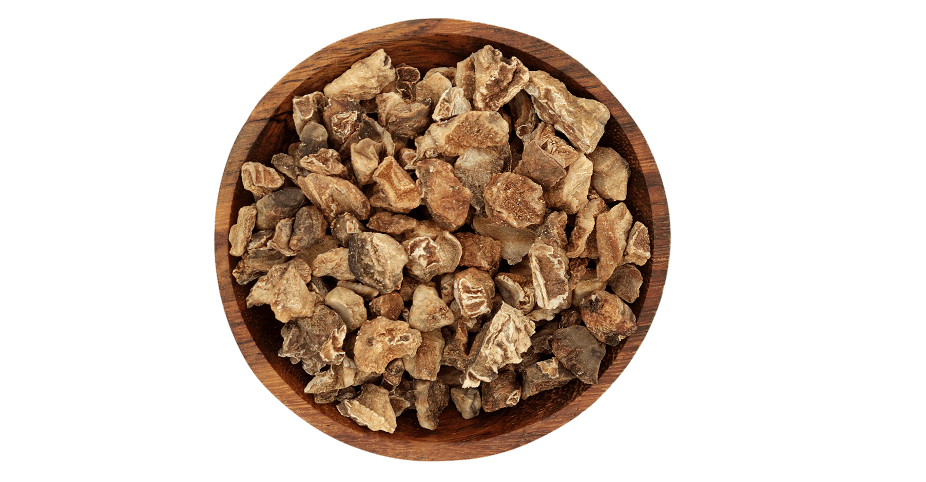 A wooden bowl filled with dried brown root pieces.