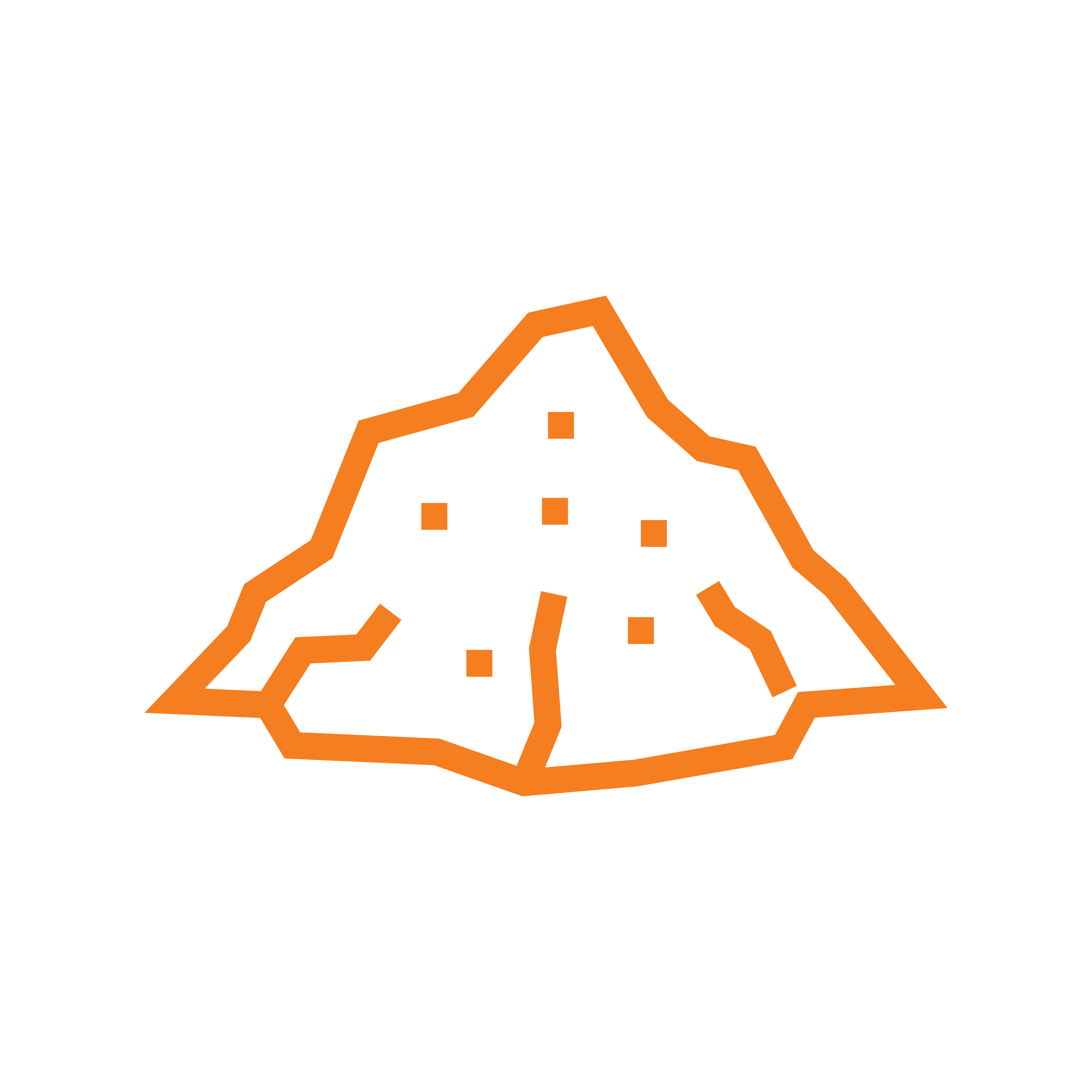 Orange outline of a mountain with dots on a green background.