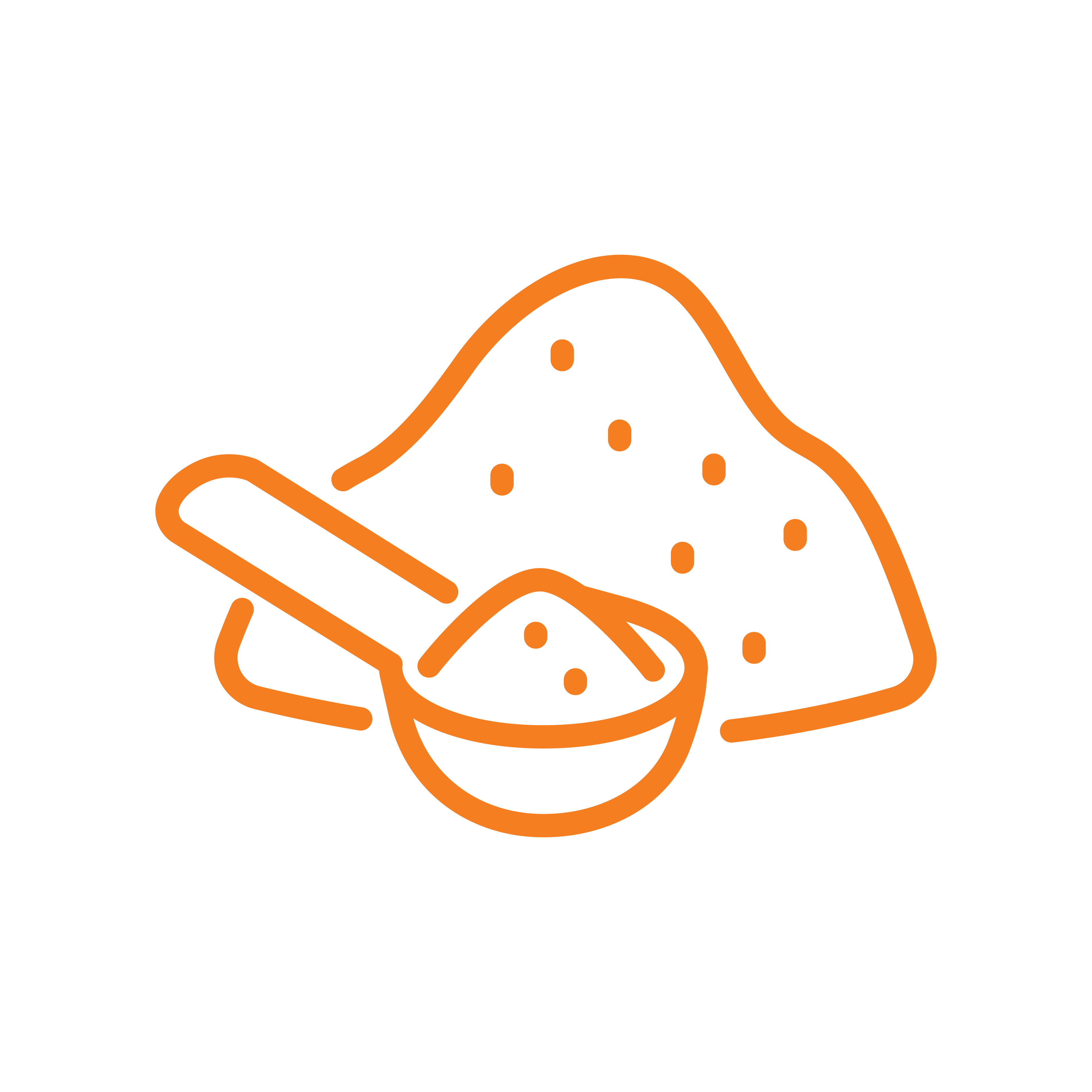 Orange line drawing of a scoop and pile of powder on green background.