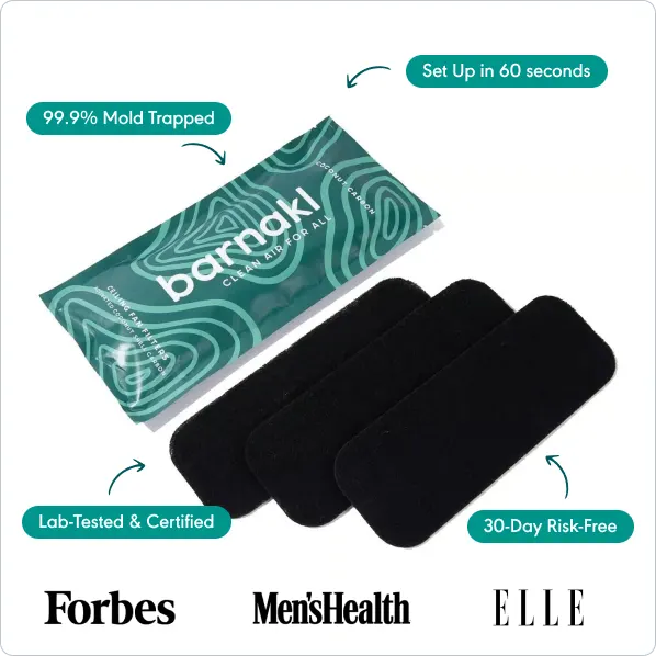 Packaging for Barnakl ceiling fan filters with three black filter pads, surrounded by feature callouts and media logos.