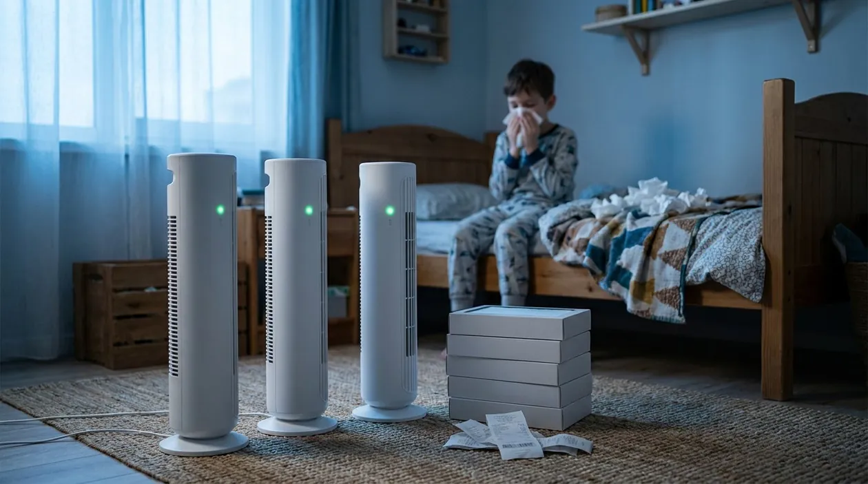Bodhi in bed in the morning with the purifiers running in his room