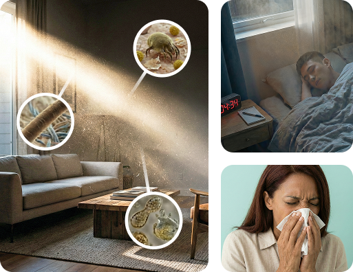 Living room with sunlight, dust particles, a sleeping person, and a woman sneezing.