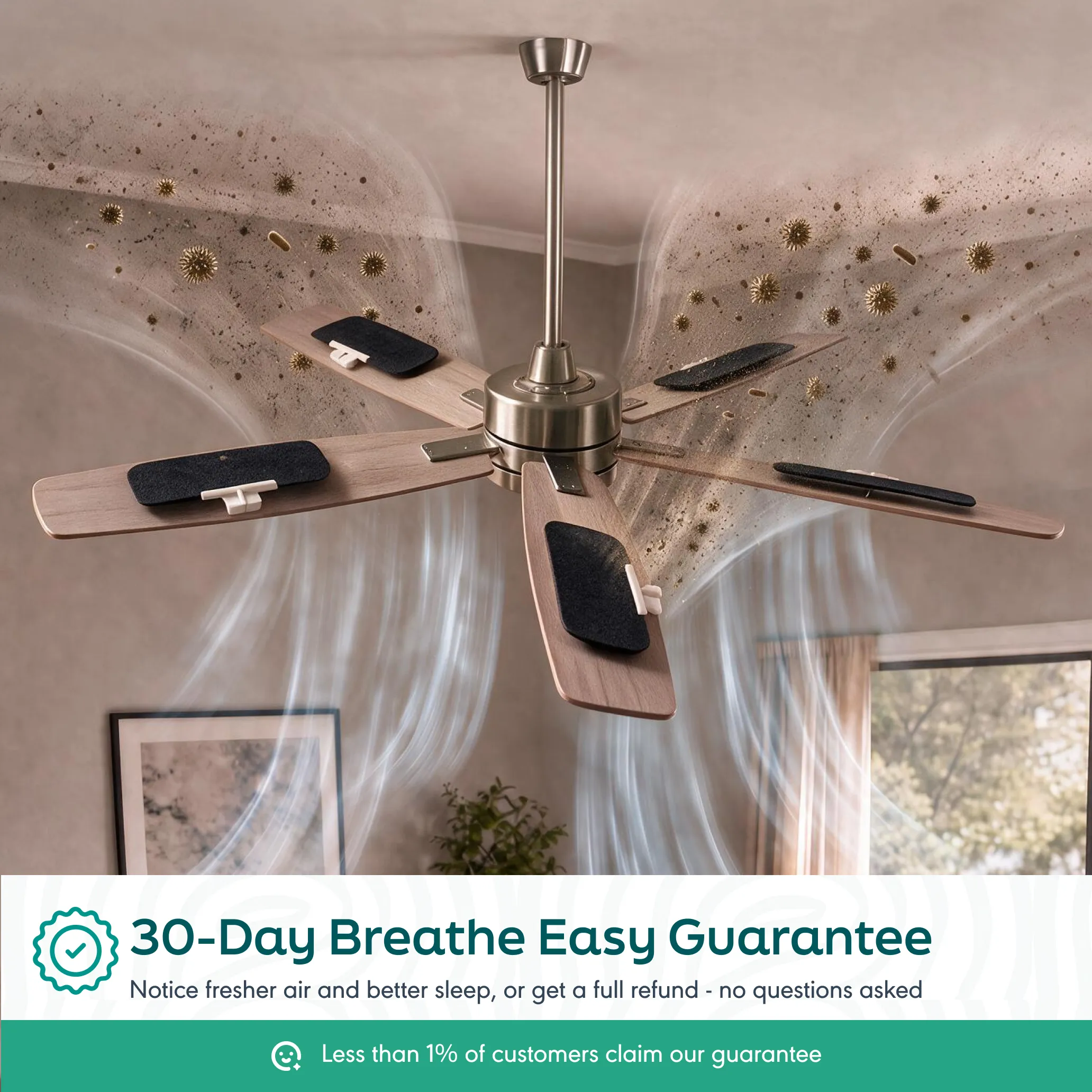 A ceiling fan with filters on its blades, with a graphic showing it cleaning particles from the air.