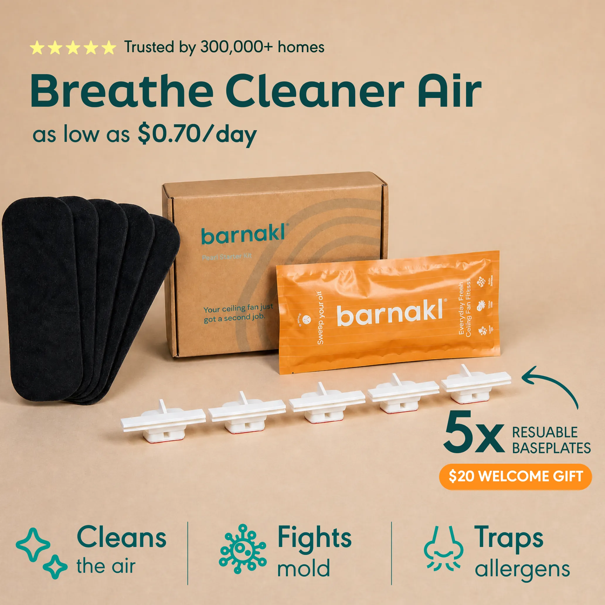 An advertisement for a Barnakl air cleaner kit, showing the box, filters, and baseplates.