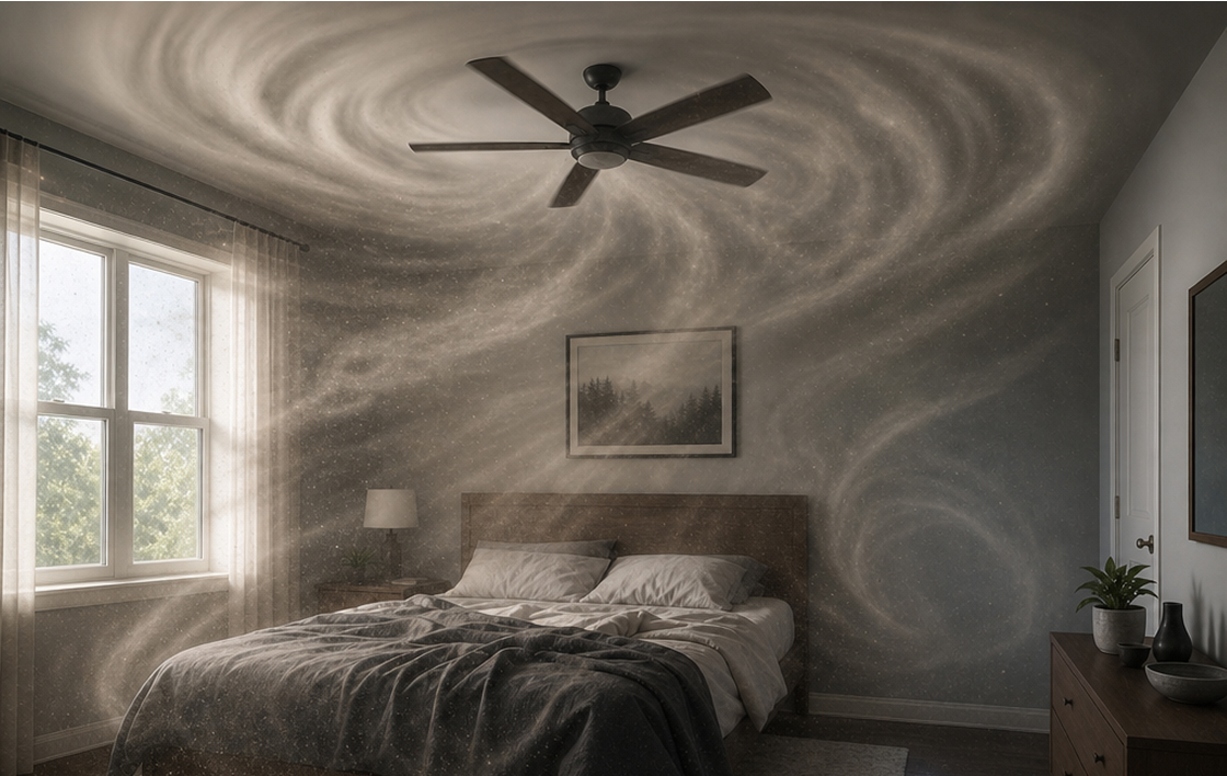 An illustration of a ceiling fan circulating swirling dust particles throughout a bedroom.