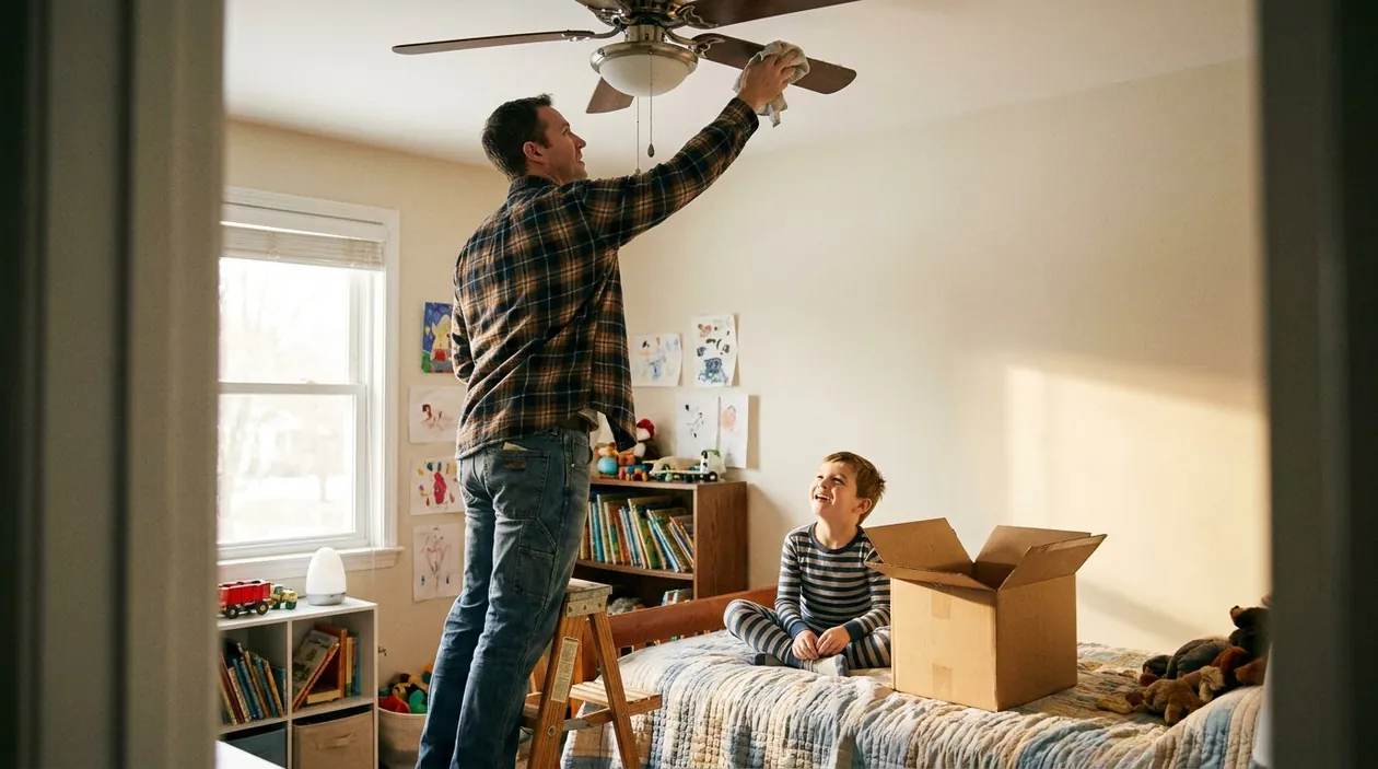 A dad clipping filters onto the ceiling fan while his son watches