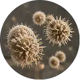 A sepia-toned microscopic image of several round, spiky cells.
