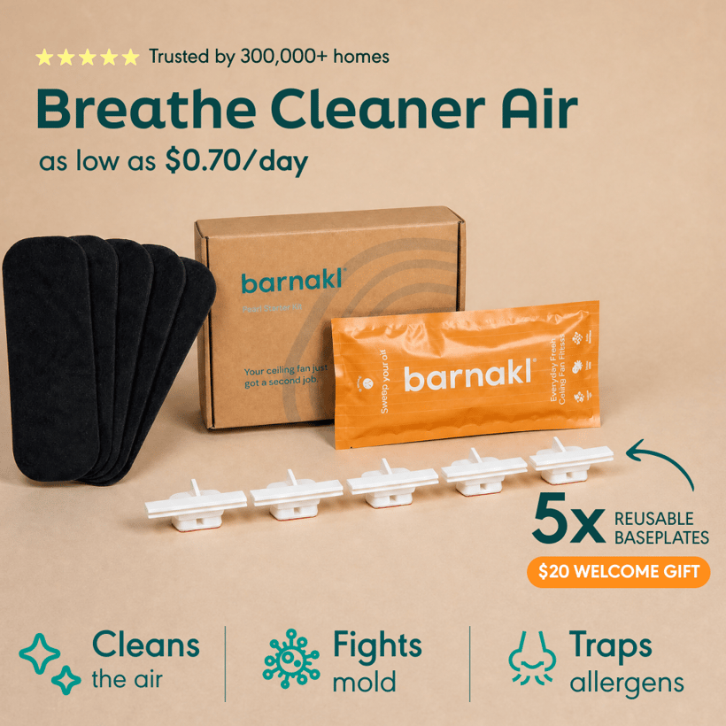 Barnakl ceiling fan filter kit with coconut carbon filters, refill pouch, and reusable baseplates