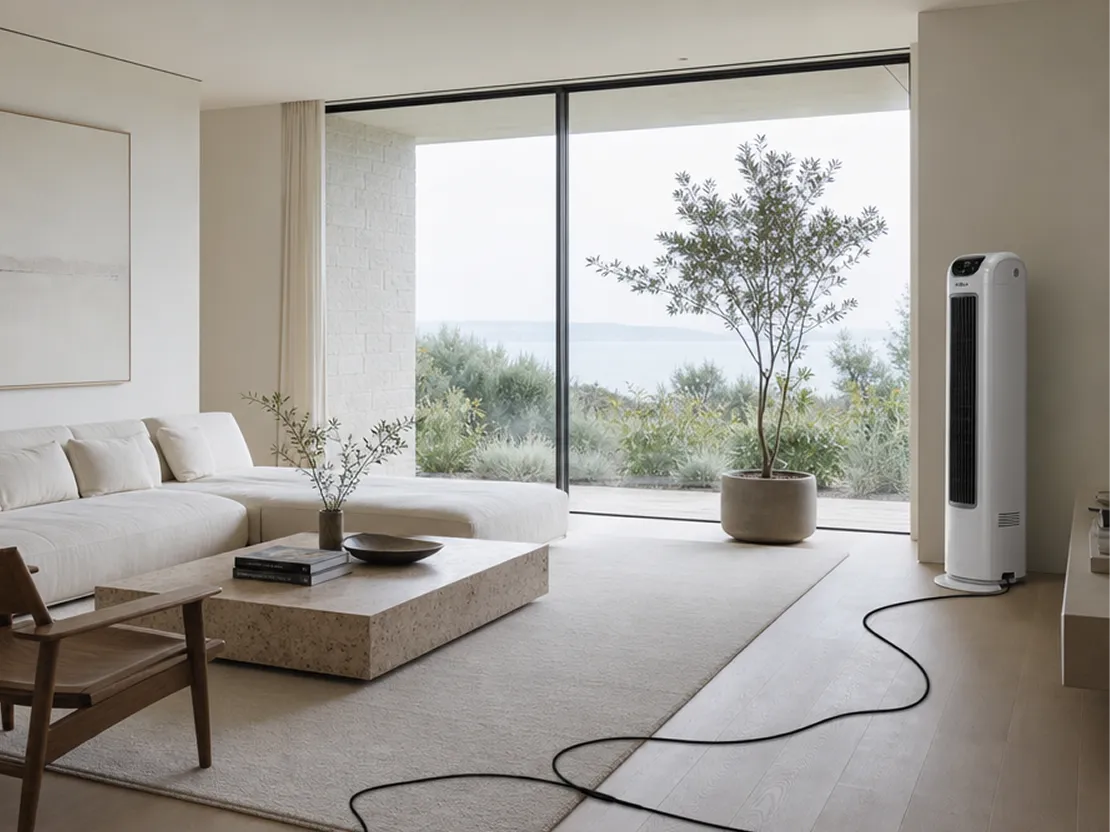 A white tower fan stands on the wood floor of a modern living room overlooking a body of water.
