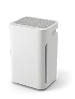 A small, white, rectangular air purifier with a grey mesh top, shown against a white background.