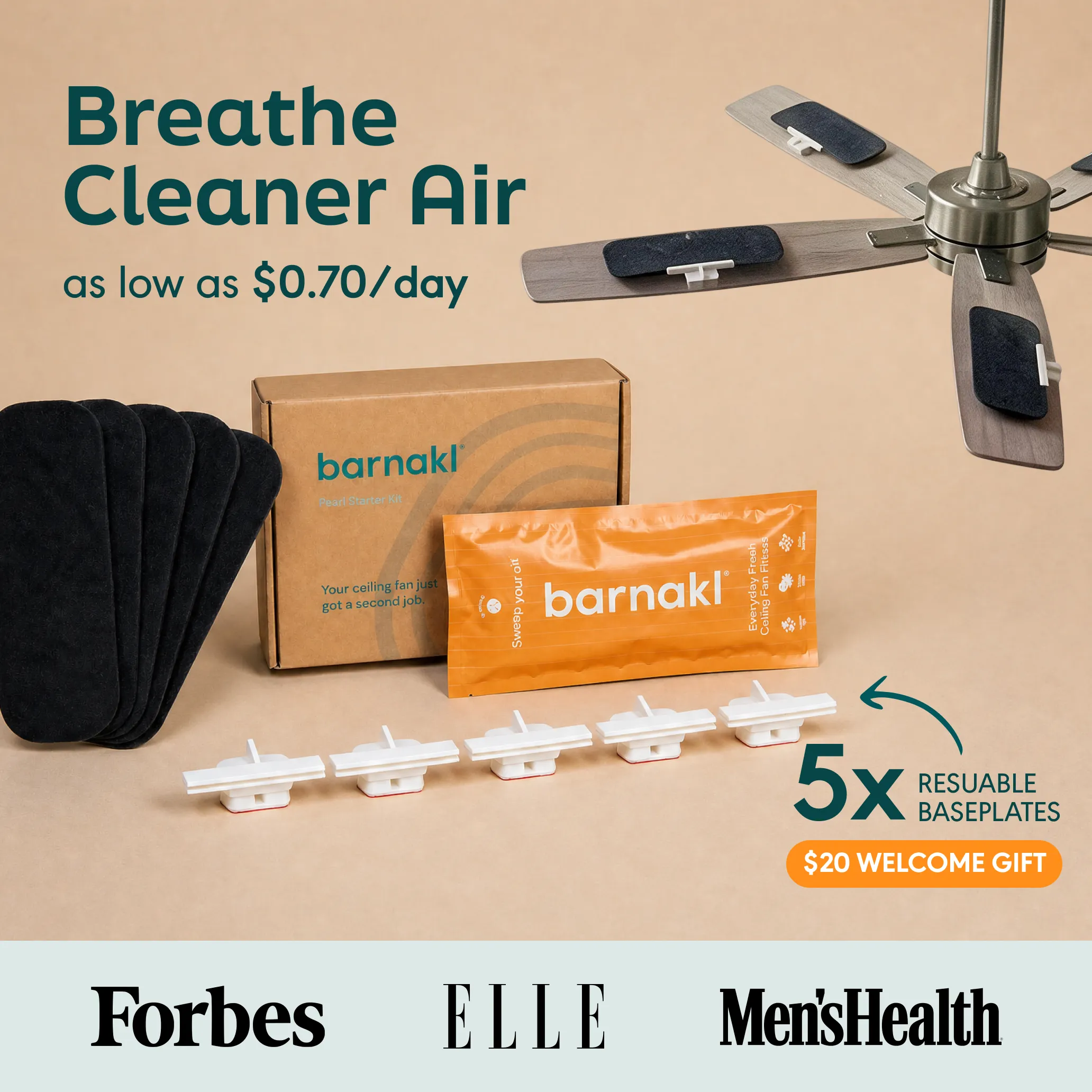 An advertisement for Barnakl ceiling fan air filters, showing the product kit and filters installed on a fan.