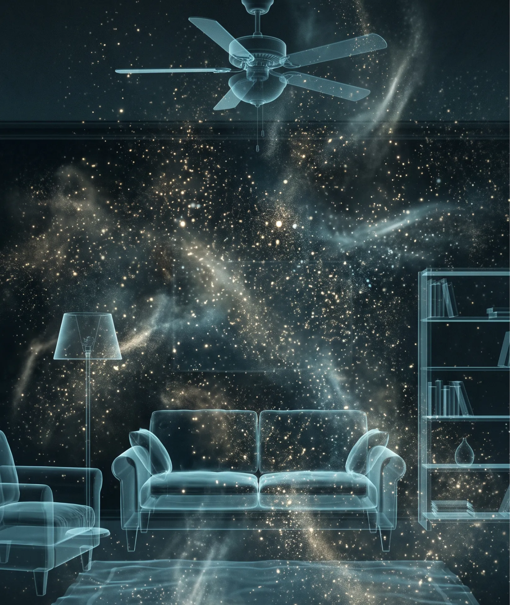 A transparent, x-ray-like living room where the walls and furniture are filled with a starry galaxy.