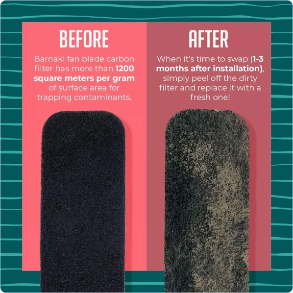 A before and after comparison showing a clean black filter next to a very dirty filter.