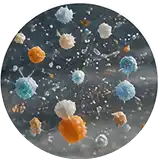 A microscopic view of colorful, spiky cells in a circular frame.