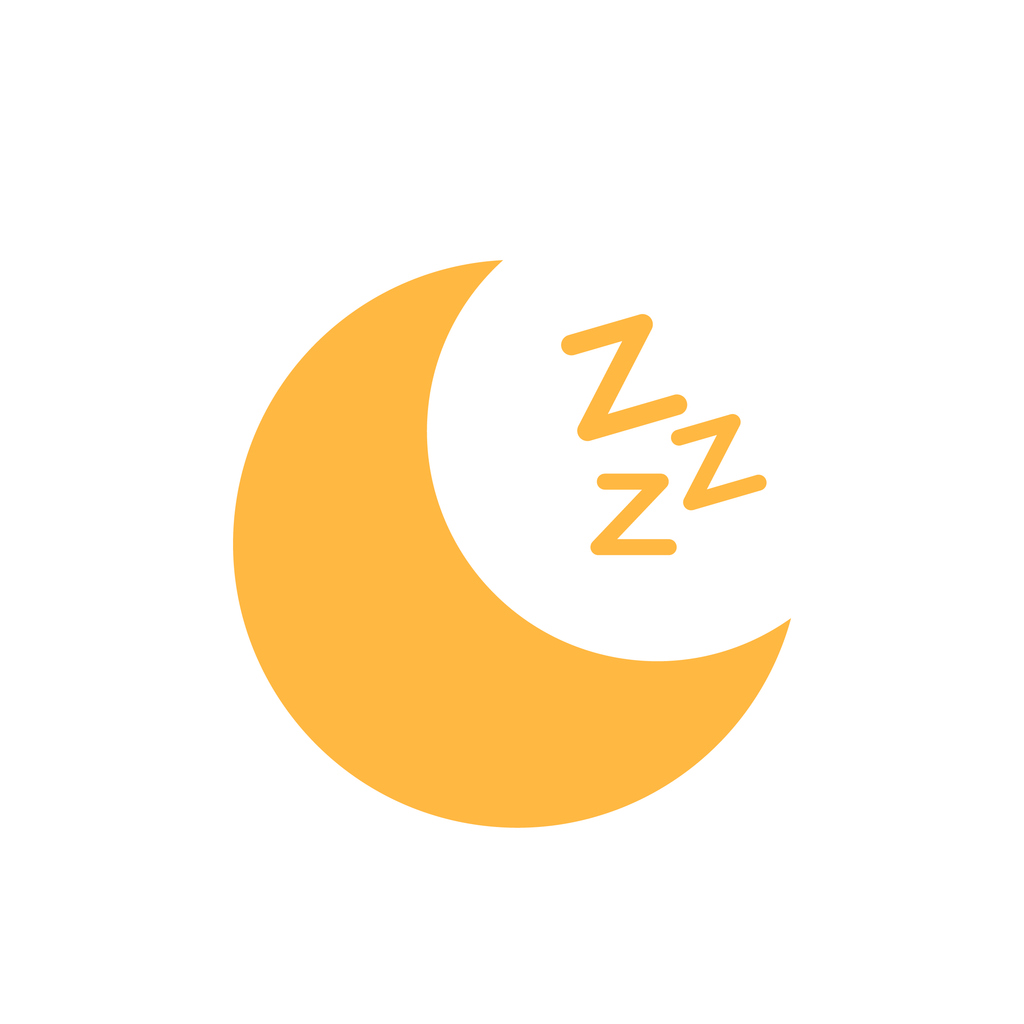 Yellow crescent moon with 'zzz' symbols on a white background.