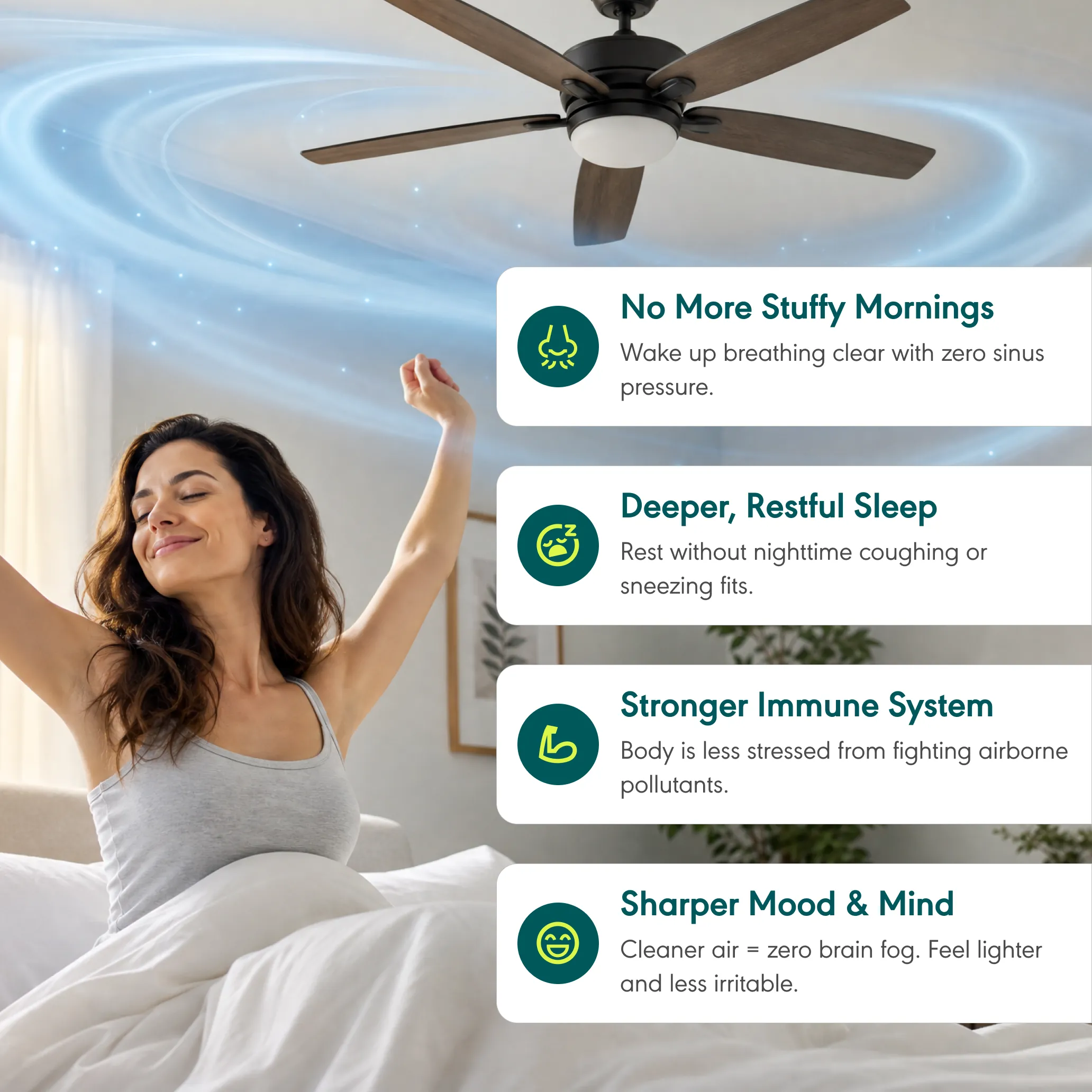A woman stretches in bed under a ceiling fan, with text overlays listing health benefits.
