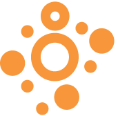An abstract orange logo consisting of various-sized circles and rings arranged in a cluster.