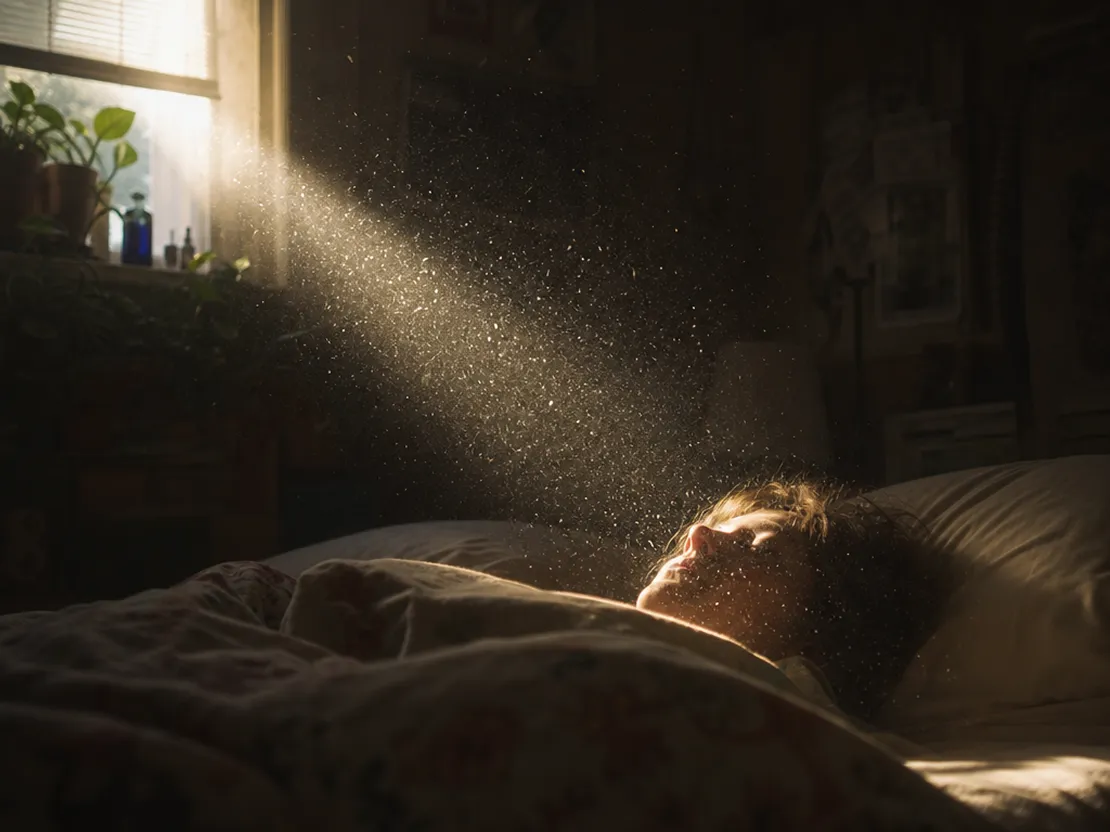 A person lies in bed as a beam of sunlight full of dust particles shines on their face.