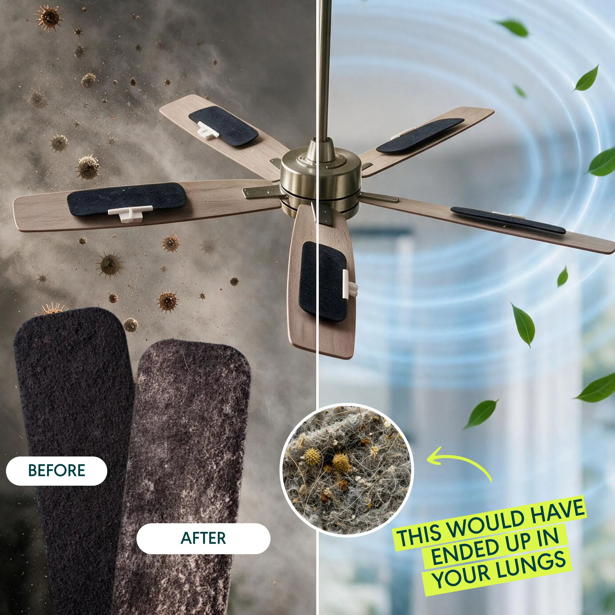 Before-and-after image of ceiling fan filters, contrasting a dusty environment with a clean one and showing collected debris.
