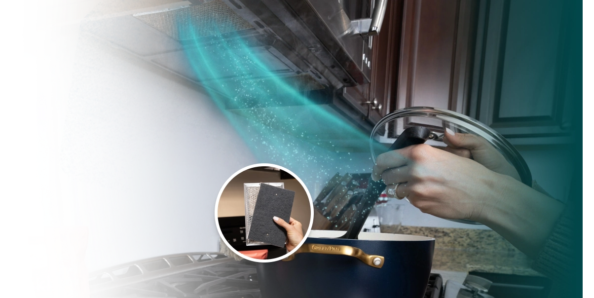 A person cooking on a stove with a graphic showing the range hood venting steam and an inset of a filter.