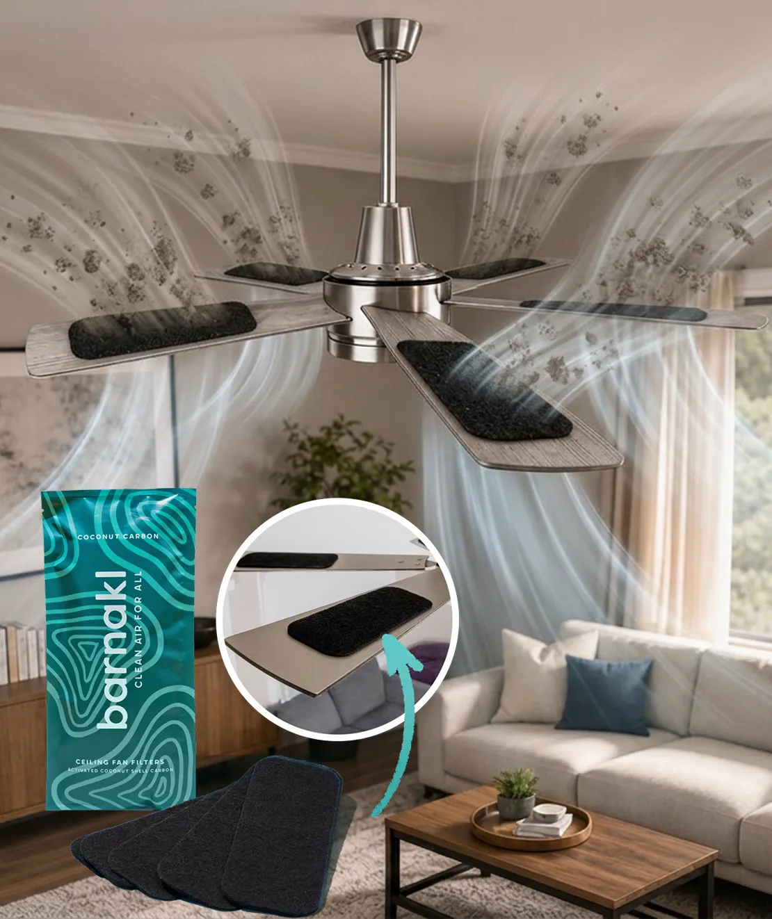 An advertisement for Barnakl ceiling fan filters, showing them attached to fan blades and cleaning the air.