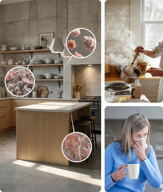 A kitchen with mold spores images, a person cooking, and another sneezing with a tissue.