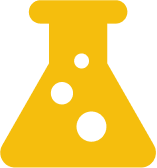 A yellow icon of a science flask with white bubbles inside.