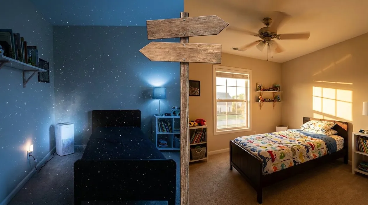 Two versions of the same bedroom at a signpost