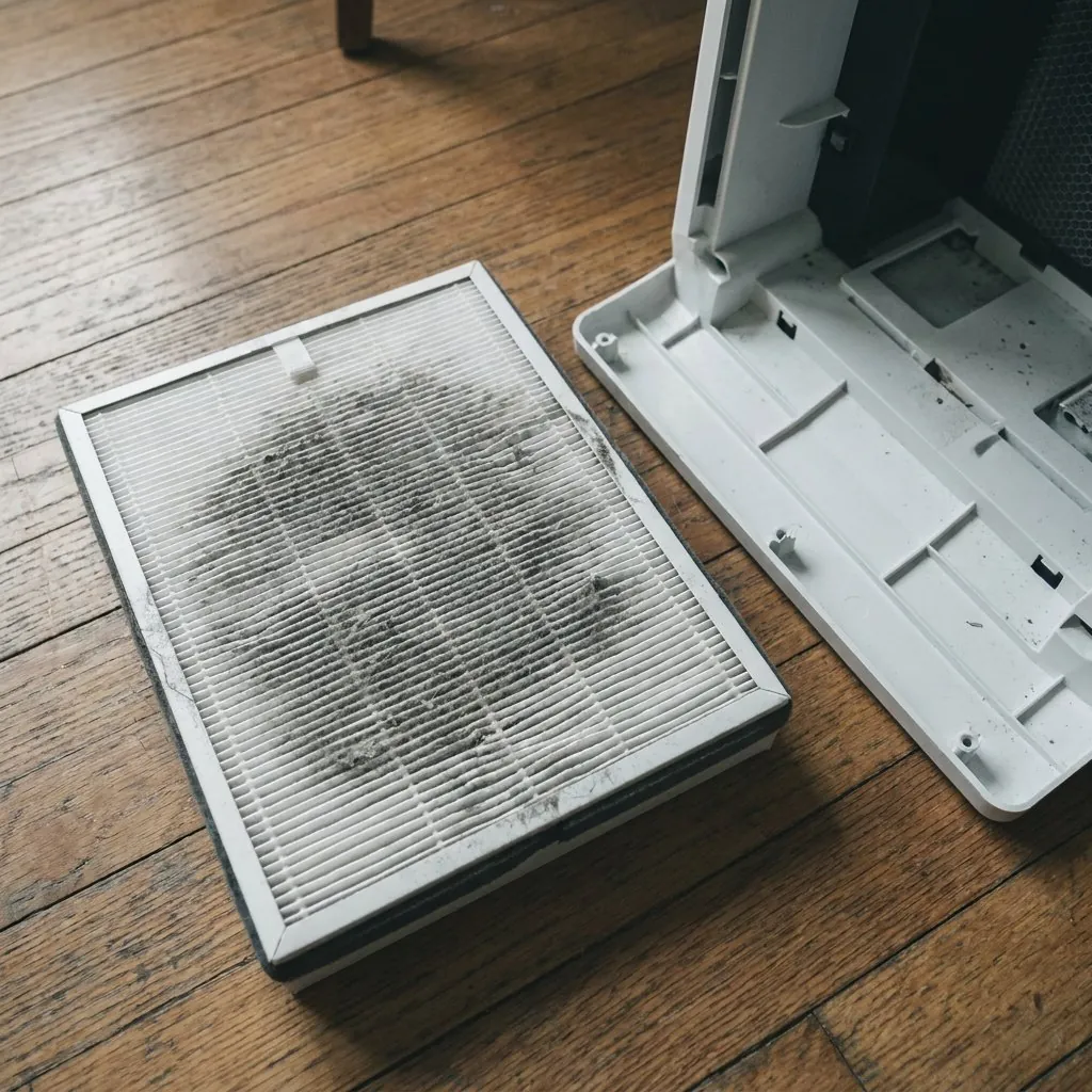 A used purifier filter, gray with dust