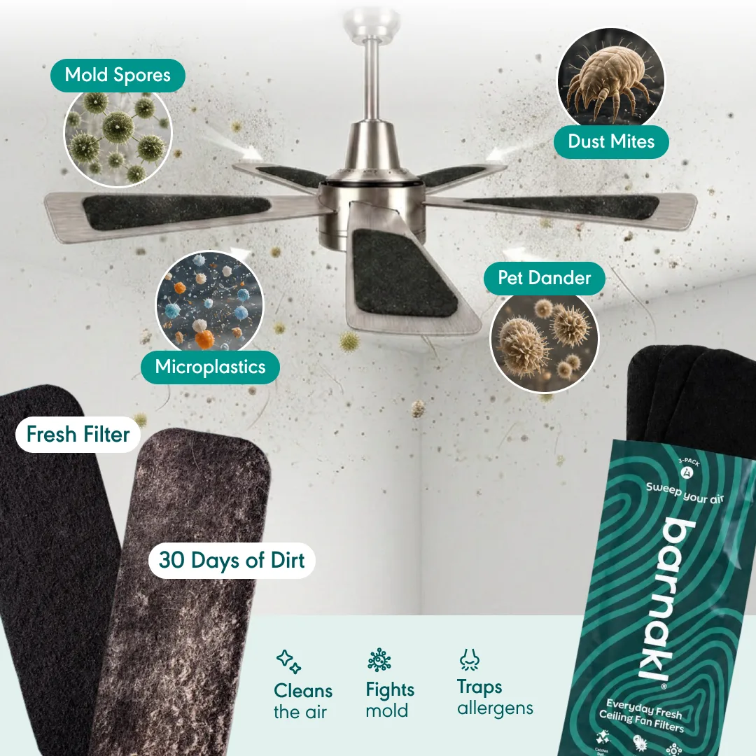 An advertisement for Barnakl ceiling fan filters, showing them trapping airborne particles like mold spores and dust mites.