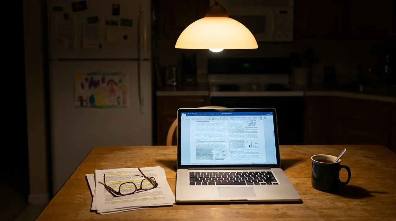 The testing manual open on the kitchen table at night