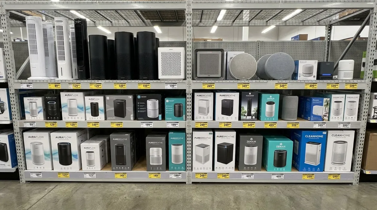 A retail aisle of boxed air purifiers