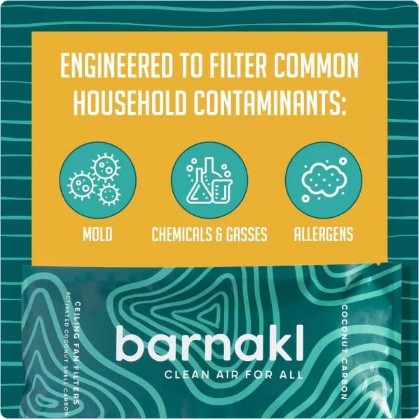 An advertisement for Barnakl ceiling fan filters, showing they filter mold, chemicals, gasses, and allergens.