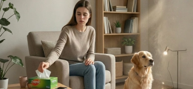 A woman sits in an armchair reaching for a tissue, while a golden retriever sits on the floor nearby.