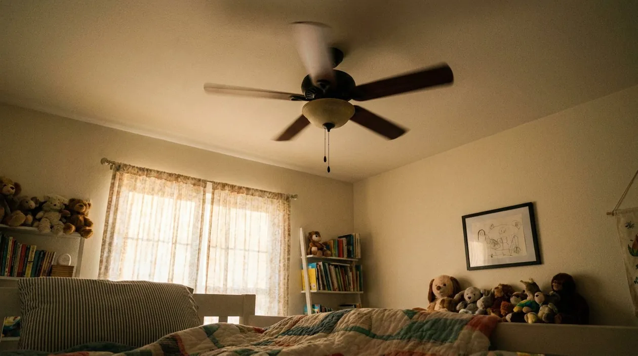 The ceiling fan spinning directly above the bed