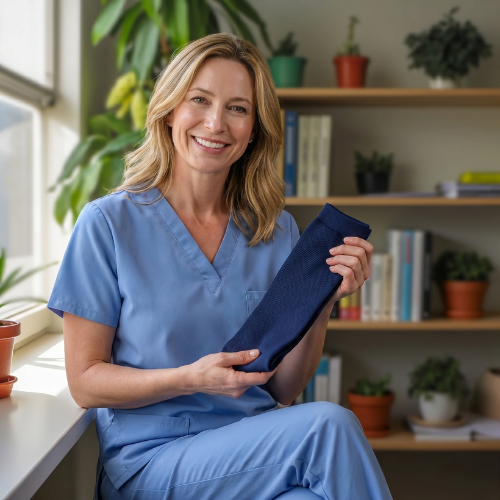A smiling woman in blue scrubs sits by a window, holding a pair of folded navy blue socks.