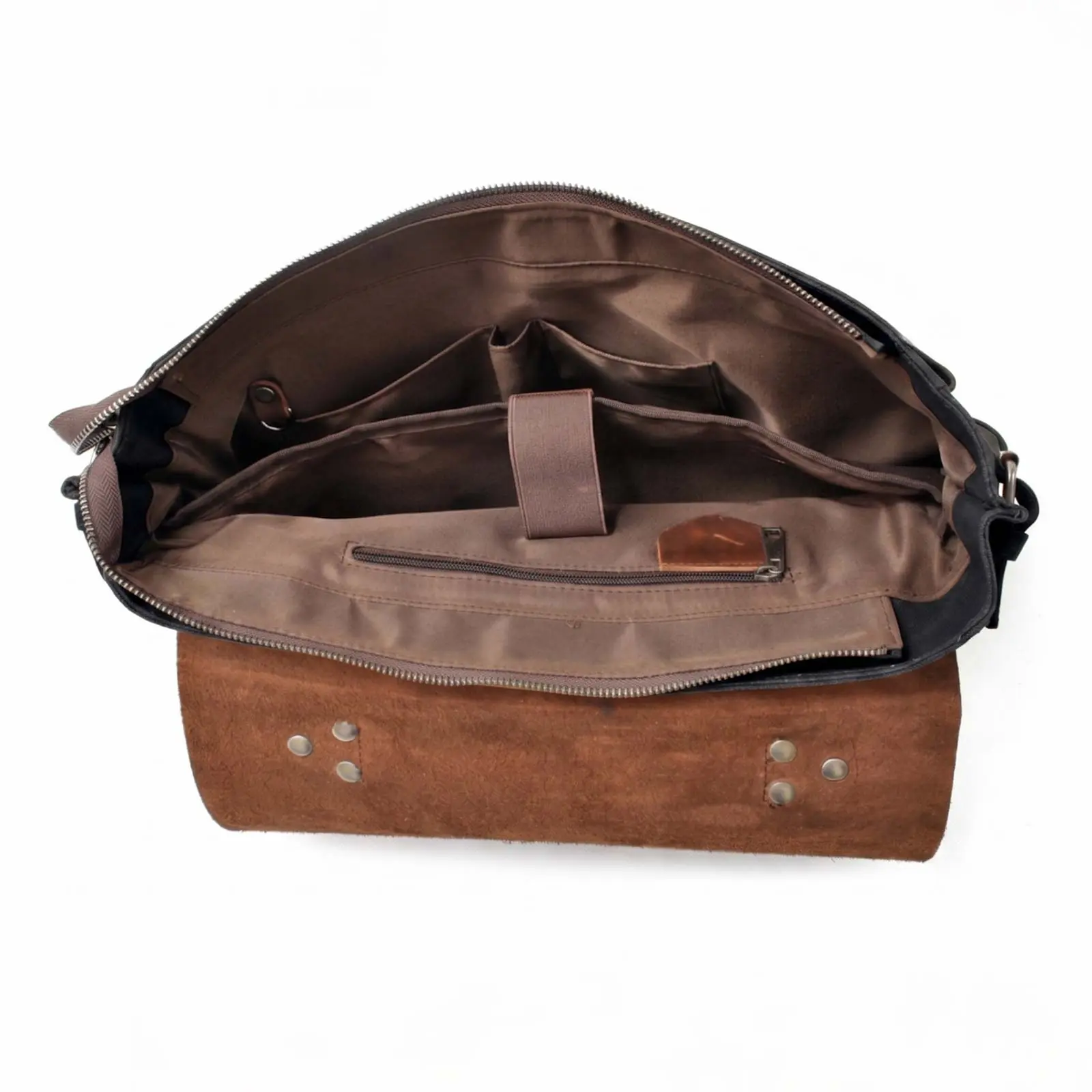 An open black and brown bag seen from above, showing its brown interior with multiple pockets.