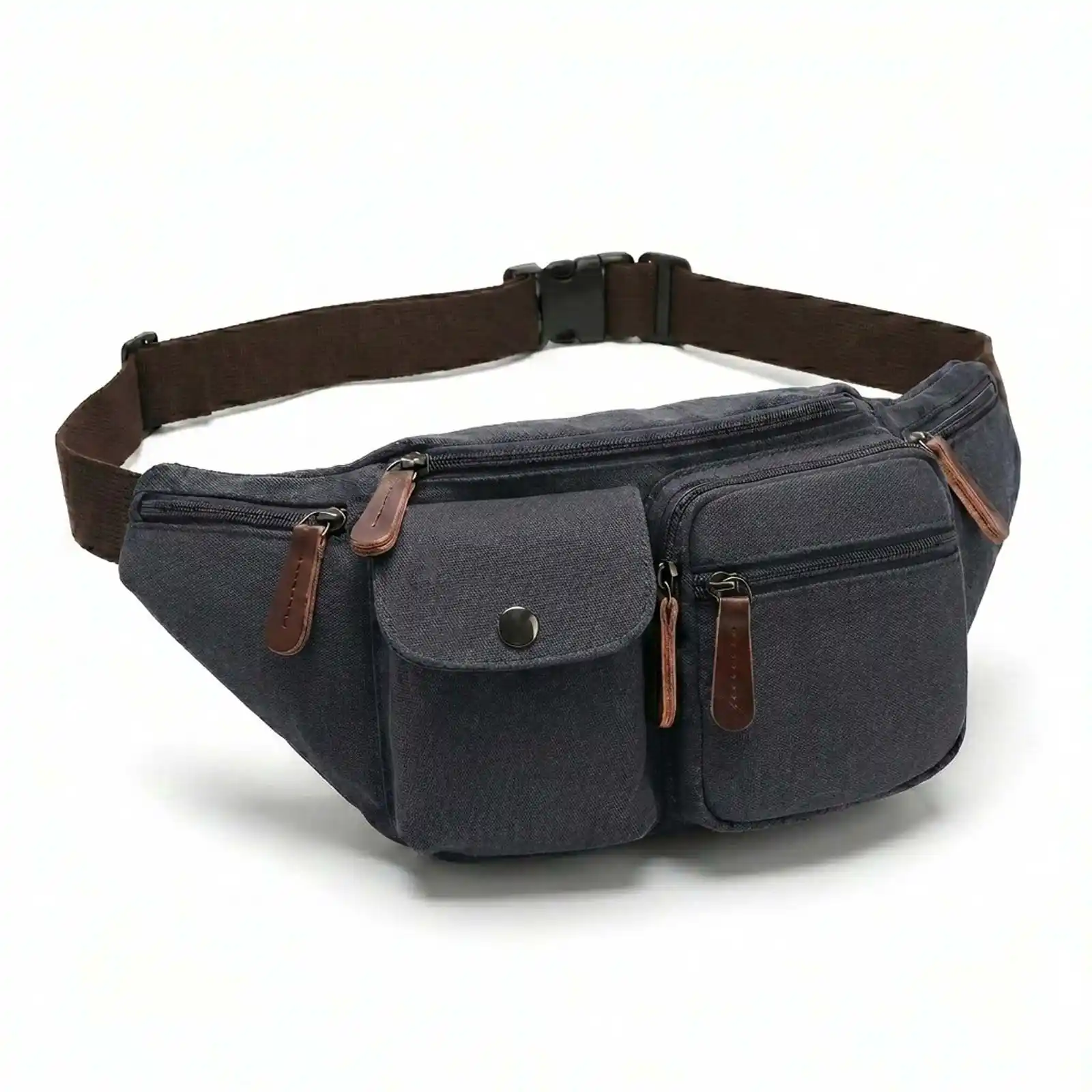 A dark gray canvas fanny pack with multiple pockets and a brown strap, on a white background.