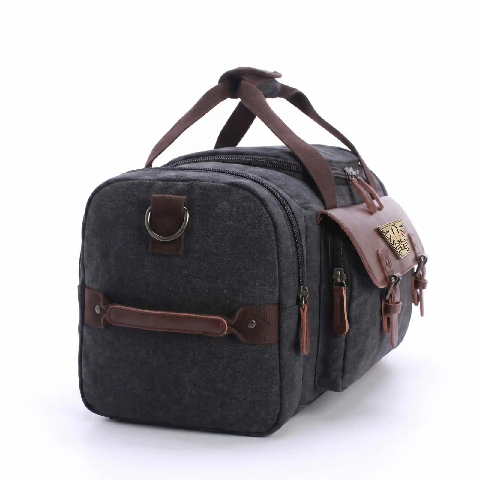 A dark gray canvas duffel bag with brown leather accents, shown against a white background.