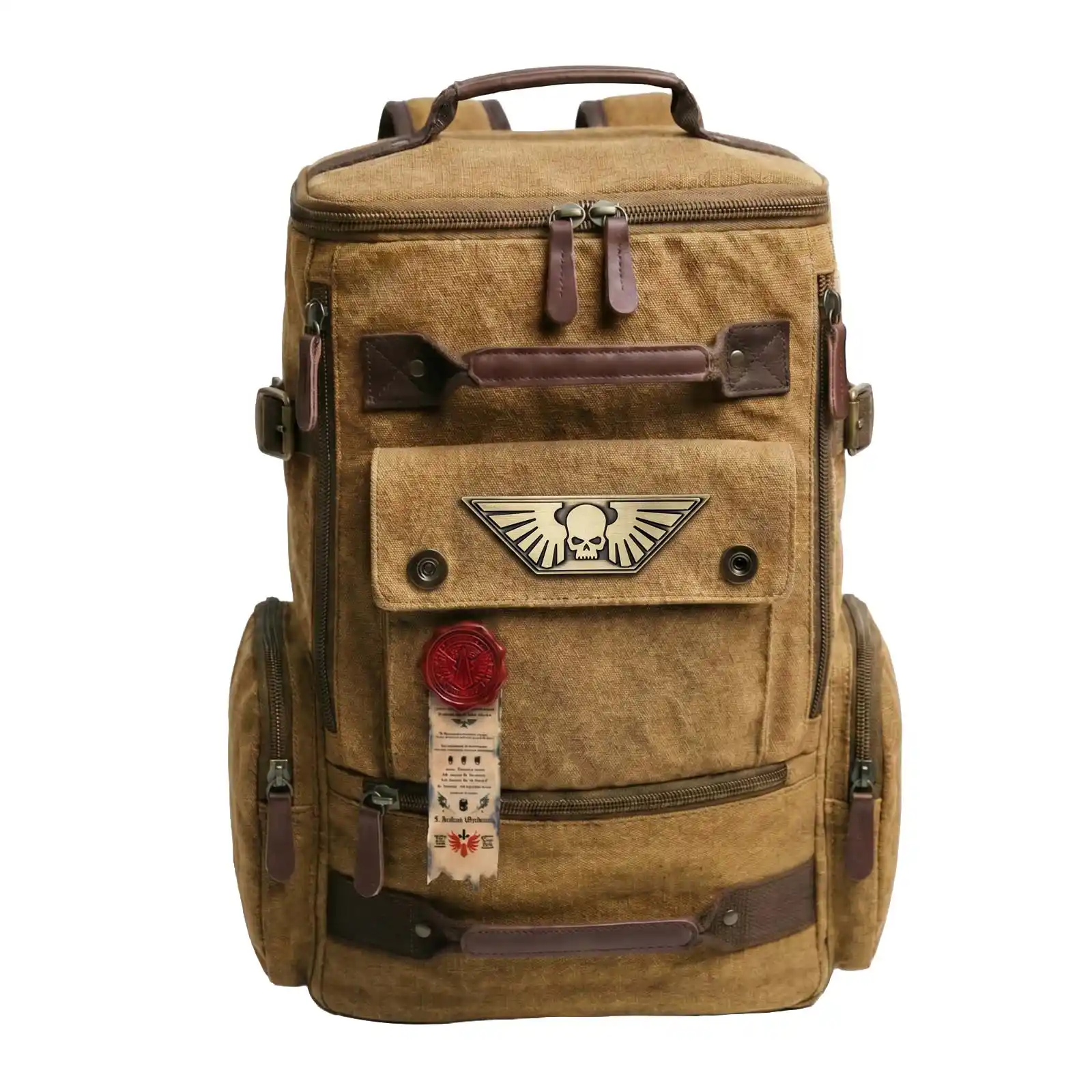 A brown canvas backpack with a bronze winged skull emblem and a red wax seal tag.