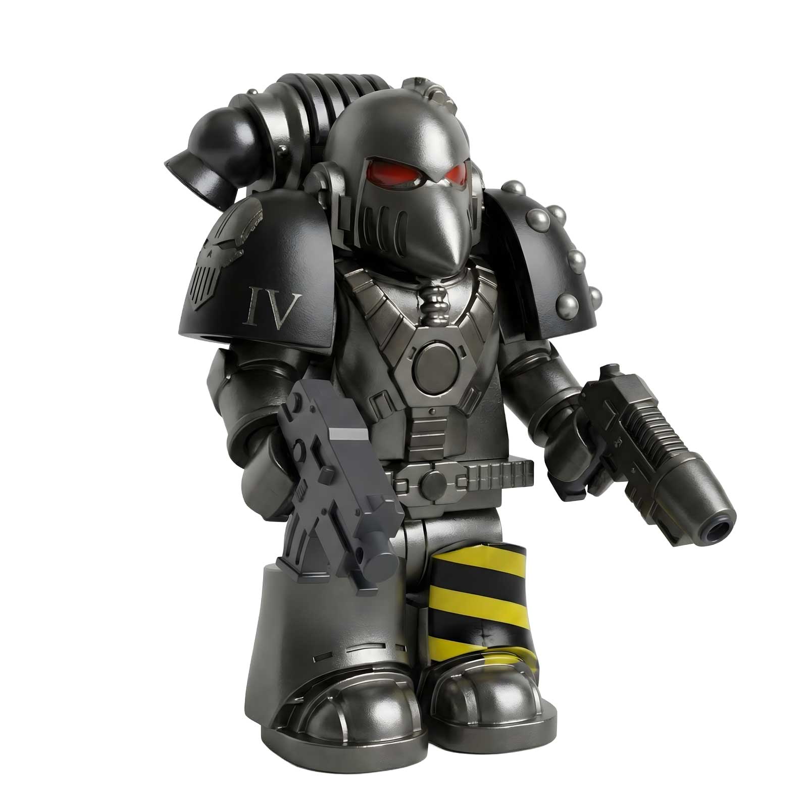 A figurine of a soldier in metallic grey power armor with red eyes, holding a rifle and pistol.
