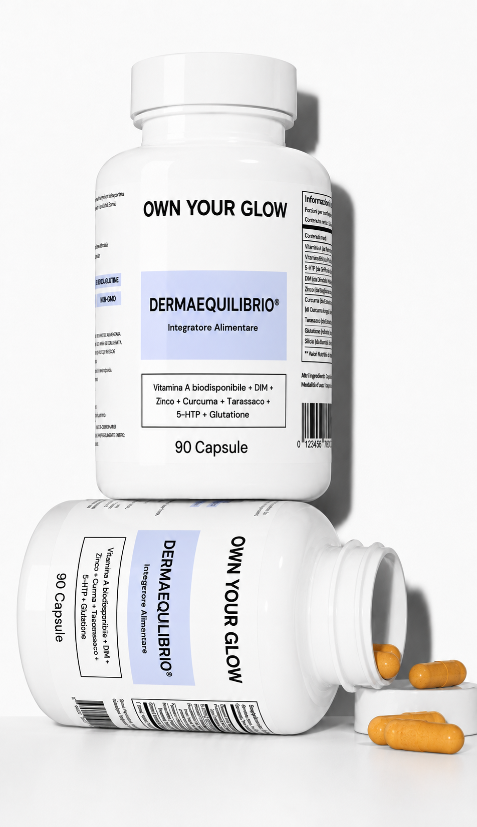 Two white bottles of 'Own Your Glow' supplements, with orange capsules spilling out of one.