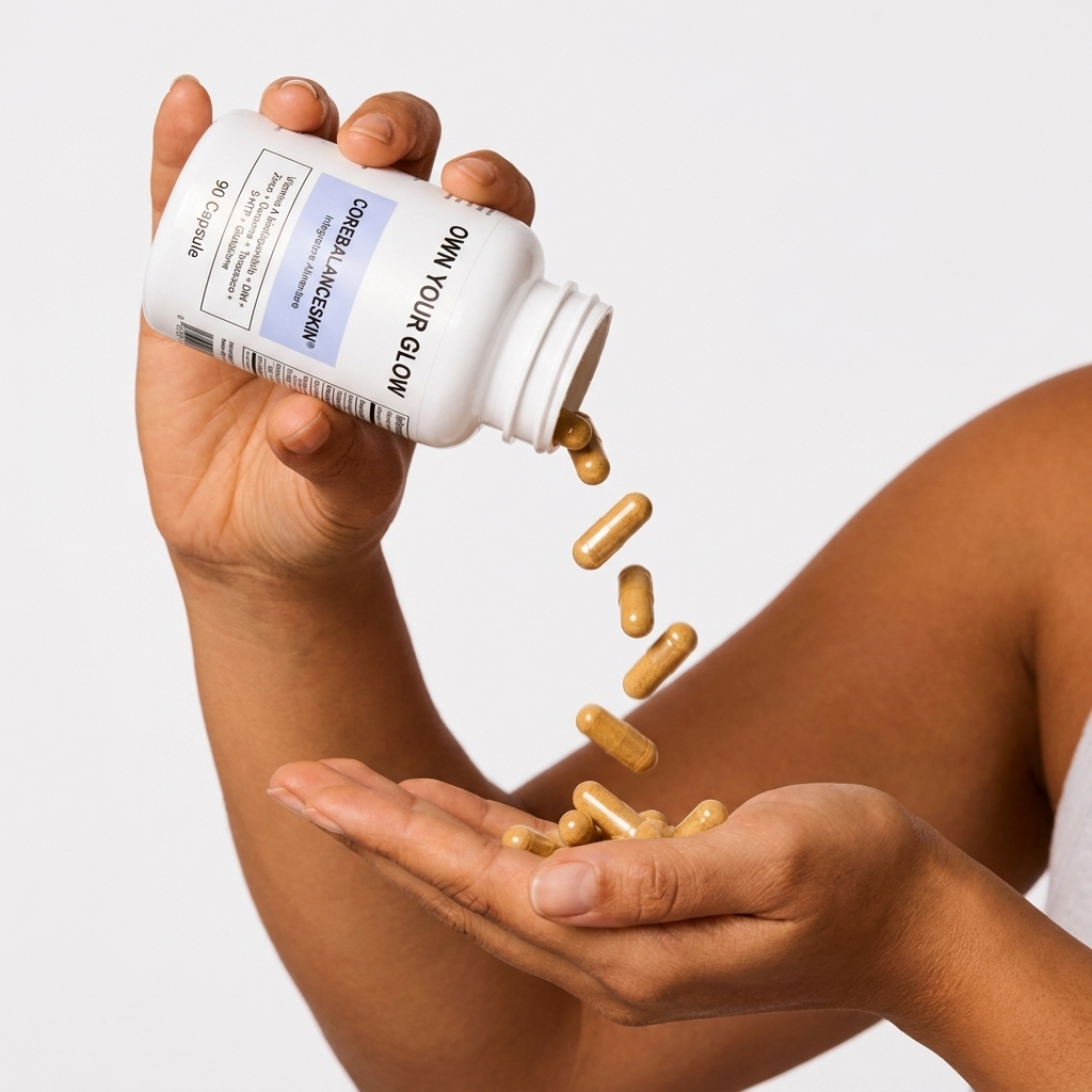 A person pours capsules from a white bottle labeled 'Own Your Glow' into their cupped hand.