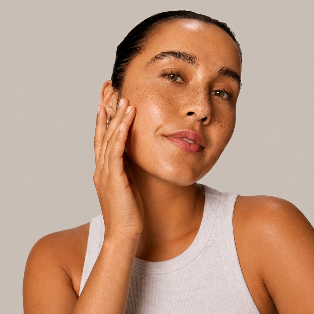 A woman with glowing skin and freckles gently touches her cheek while looking at the camera.
